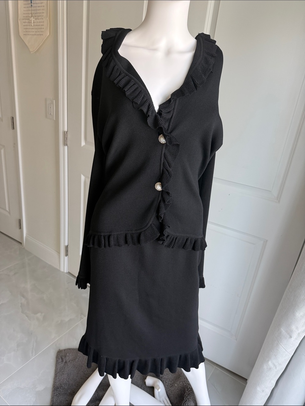 Vertigo Paris Black Ruffled Knit Midi Skirt Set